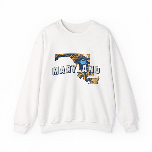 Maryland graphic on a white crewneck sweatshirt