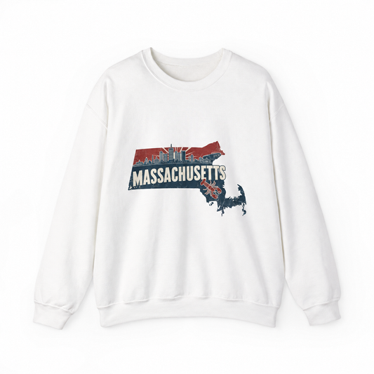 Massachusetts graphic on a white crewneck sweatshirt