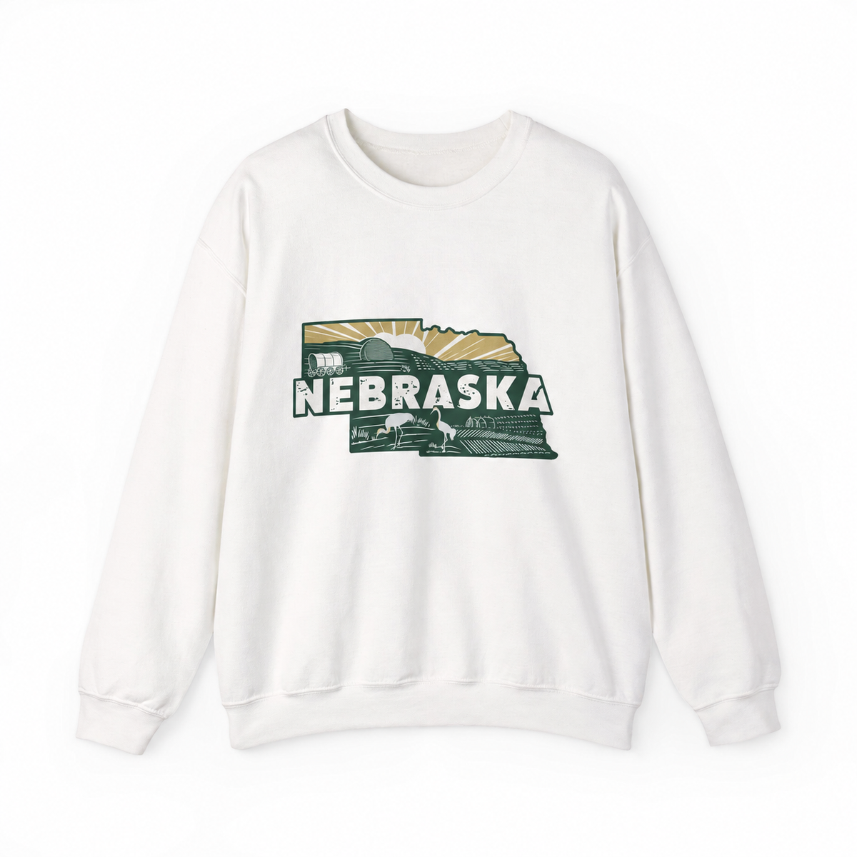 Nebraska graphic on a white crewneck sweatshirt