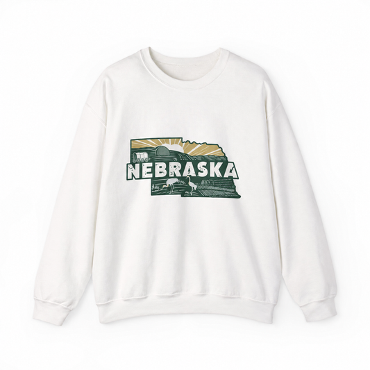 Nebraska graphic on a white crewneck sweatshirt