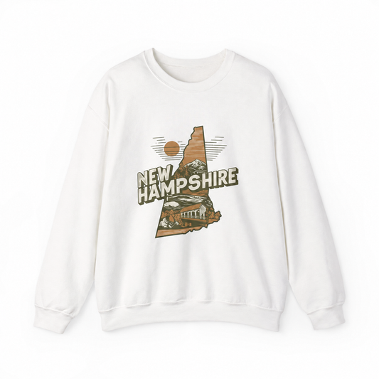 New Hampshire graphic on a white crewneck sweatshirt