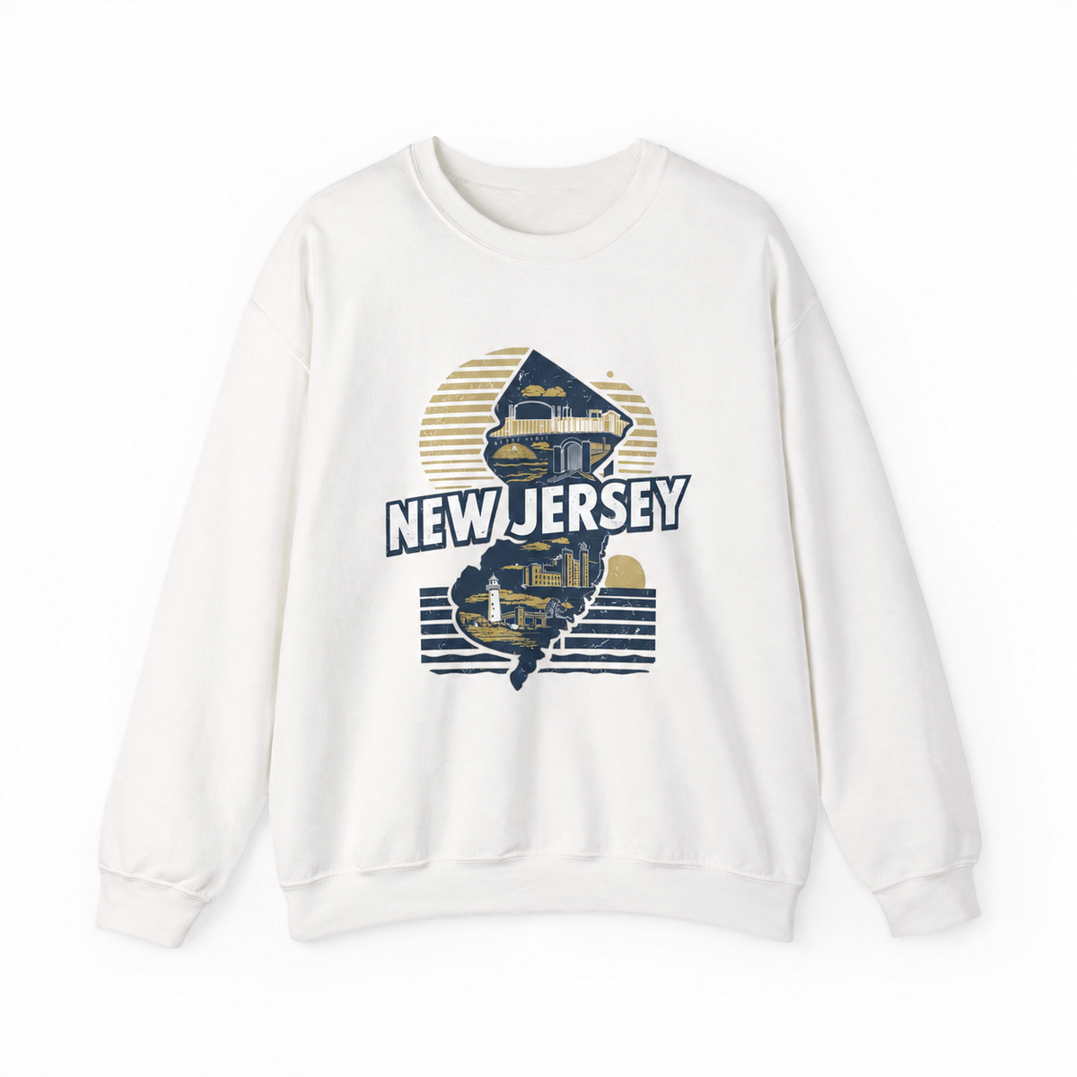 New Jersey graphic on a white crewneck sweatshirt