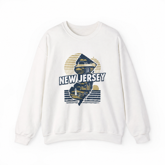 New Jersey graphic on a white crewneck sweatshirt