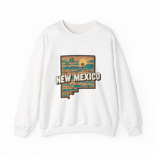 New Mexico graphic on a white crewneck sweatshirt