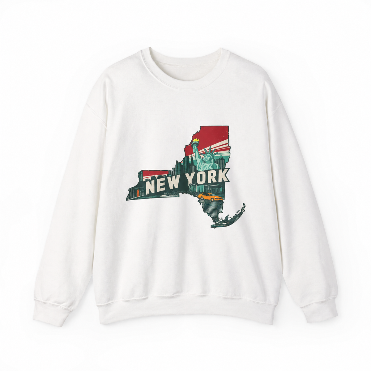 New York graphic on a white crewneck sweatshirt