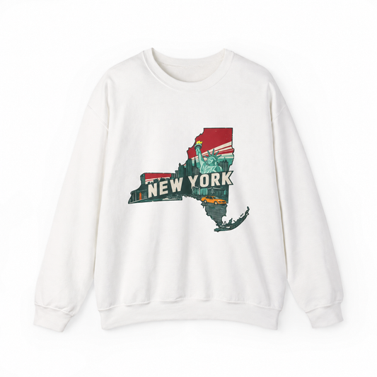 New York graphic on a white crewneck sweatshirt